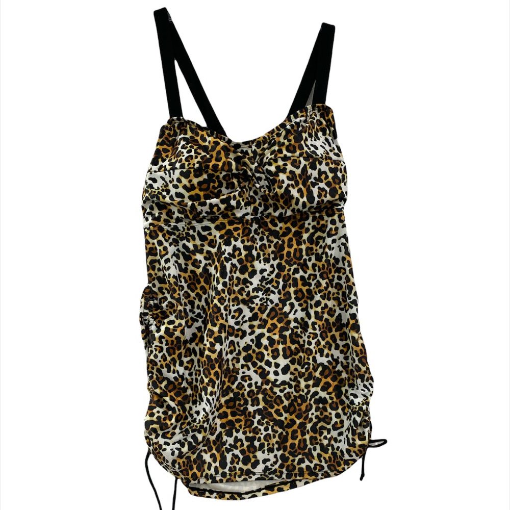 Ocean Lily Tankini Medium Swim Top Black/Brown Leopard Print  Crisscross Straps